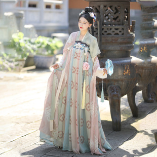 婉妆 夏季 唐制 复原印花汉服 齐胸褶裙半臂直领短衫 原创