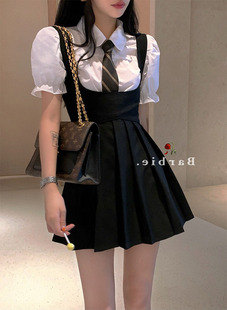 大码女装夏季新款JK制服背带连衣裙女胖MM收腰显瘦气质百褶短裙子