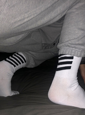 潮袜部落男士春夏季百搭黑白条纹袜子纯棉中筒长袜吸汗防臭透气