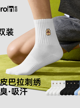 5双装男士夏季吸汗防臭中筒袜卡皮巴拉纯棉纱线刺绣日系运动白袜