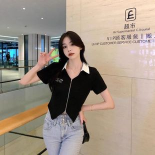 显瘦polo领短袖 拉链上衣夏甜辣修身 工厂直销 t恤女 短款
