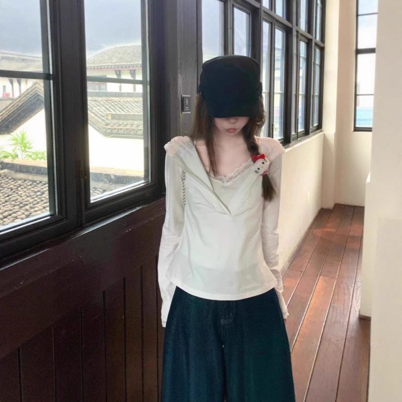 【工厂直销】纯棉修身长袖T恤女早秋设计感蕾丝假两件连帽上衣