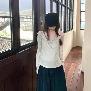 T恤女早秋设计感蕾丝假两件连帽上衣 工厂直销 纯棉修身 长袖