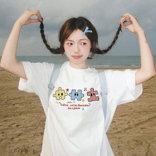 t恤女夏季 趣味印花短袖 白色甜美学院风设计感纯棉百搭宽松上衣潮
