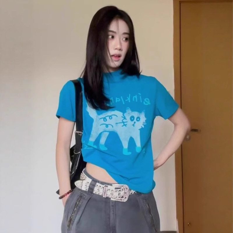 多巴胺穿搭正肩短袖T恤女夏季炸毛猫咪蓝色ins修身显瘦上衣女批发