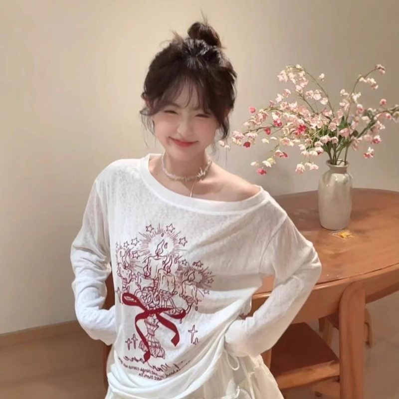 【工厂直销】白色涂鸦斜肩长袖t恤防晒女夏季薄款慵懒风宽松上衣