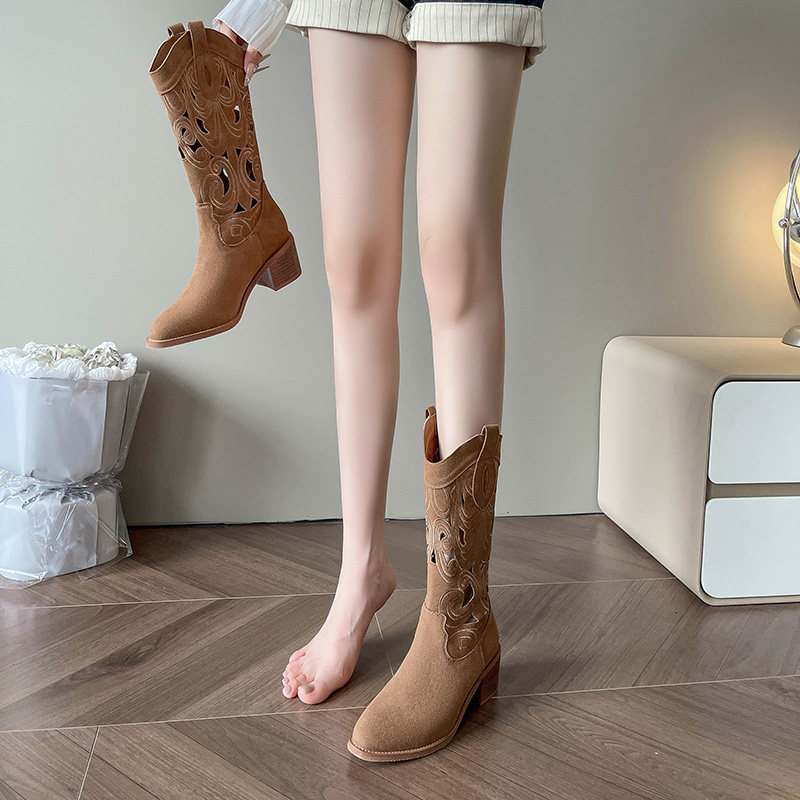 XINJIANG TRAVEL WEAR EMBROIDERED WESTERN COWBOY BOOTS INNER HEIGHTENED SUMMER CUT-OUT THIN BOOTS WOMENS LONG RIDER BOOTS