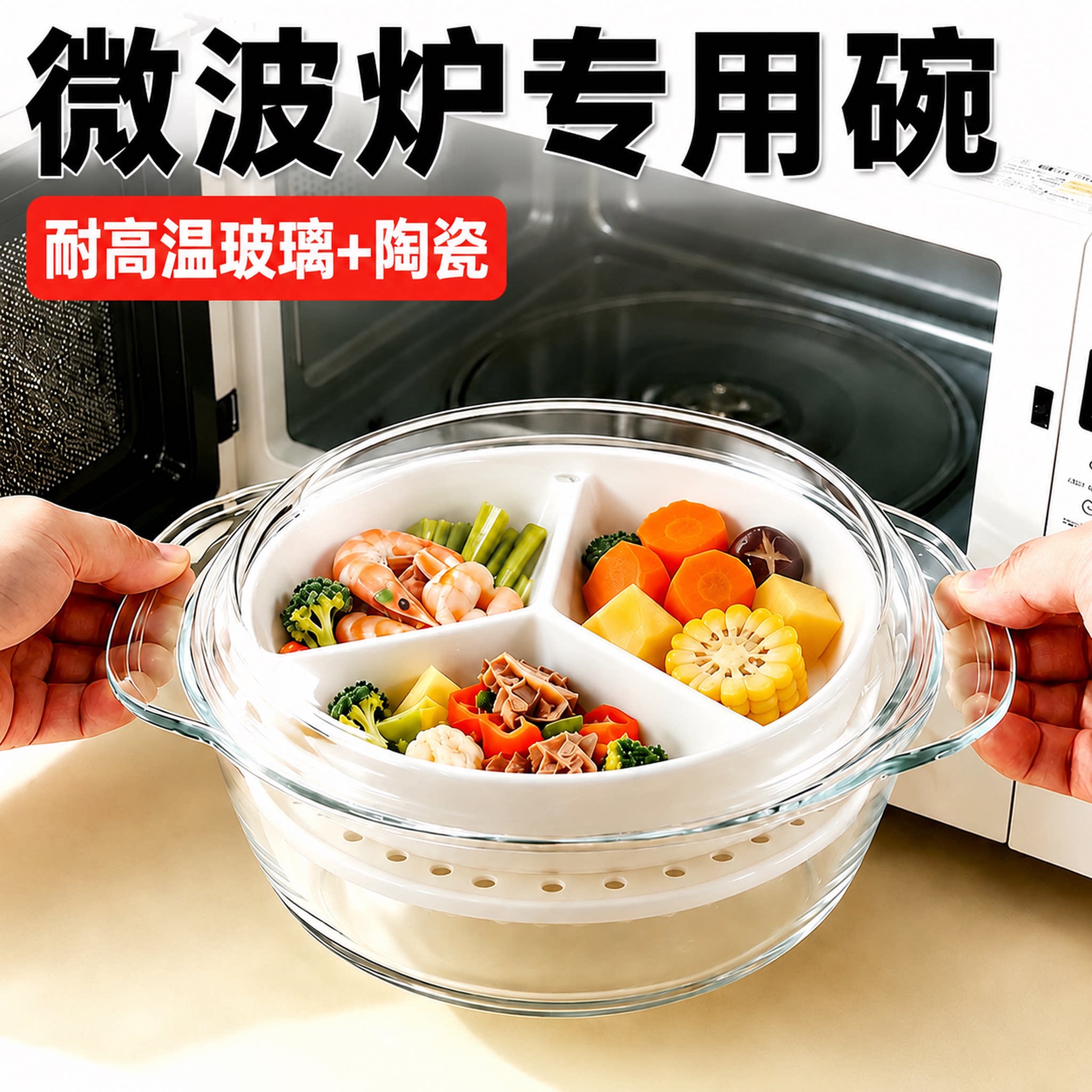 微波炉专用玻璃碗陶瓷蒸笼三件套图片