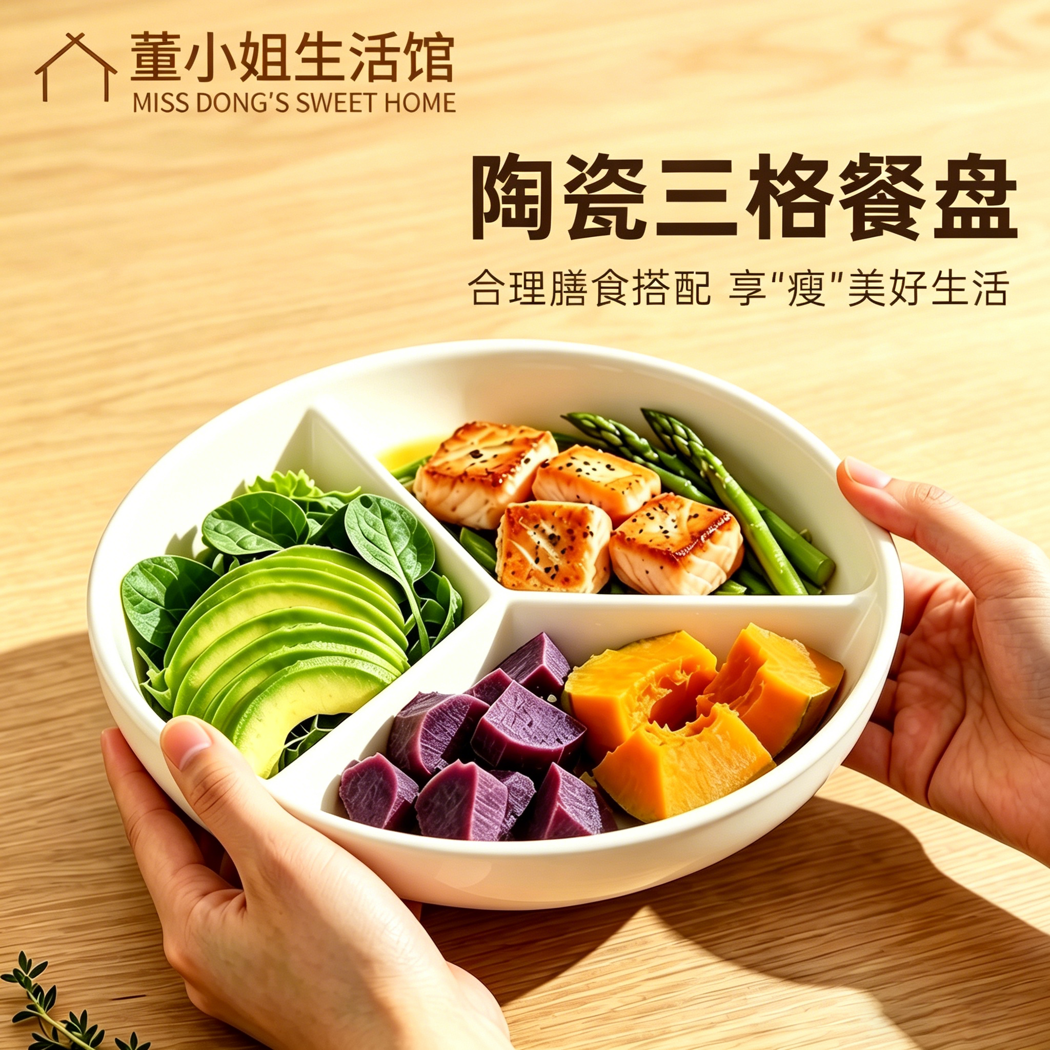 陶瓷三分格蒸盘减脂专用分格餐盘大人减肥家用宝宝儿童辅食餐盘子