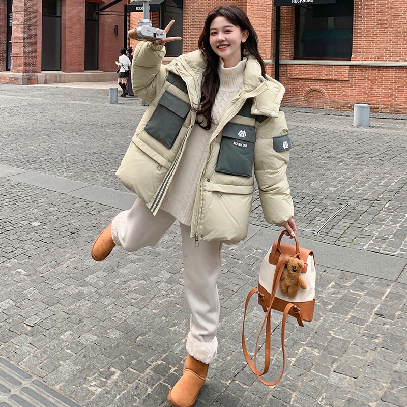 连帽短款牛仔拼接羽绒服2025年冬季新款韩系面包服白鸭绒加厚外套,女装棉衣/棉服,2D120