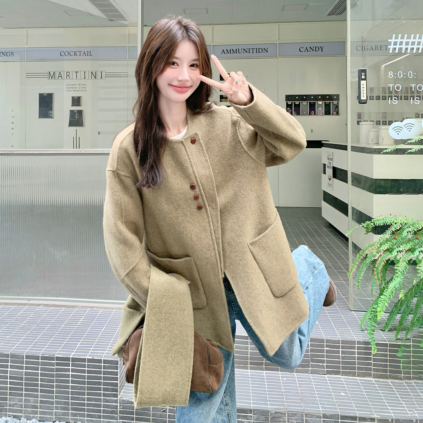 韩式驼色双面呢羊毛大衣女冬季2025新款韩系减龄时髦百搭毛呢外套,女装毛呢外套,2D120
