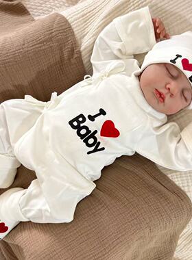 春秋薄款新生儿0-3个月绑带哈衣蝴蝶衣婴儿连体衣初生宝宝爱Baby