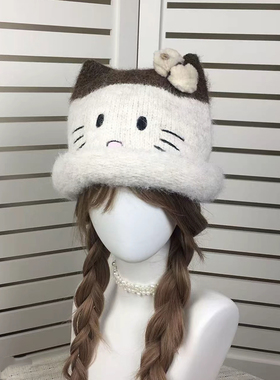-3 POINT%-日系可爱小猫针织帽女秋冬保暖护耳毛线帽