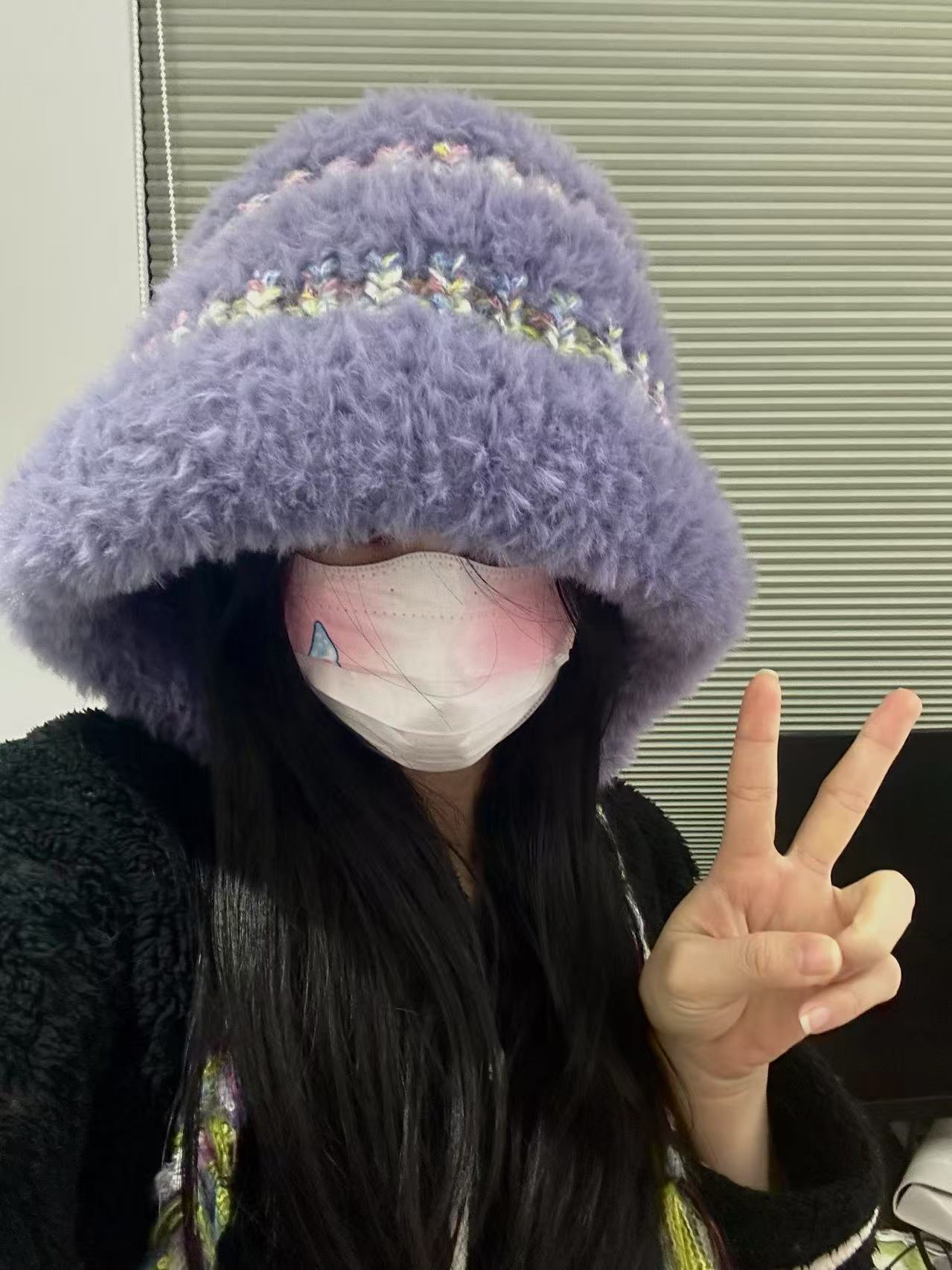 可爱 POINT%-毛绒撞色条纹针织帽子女秋冬骑行护耳保暖套头帽百搭