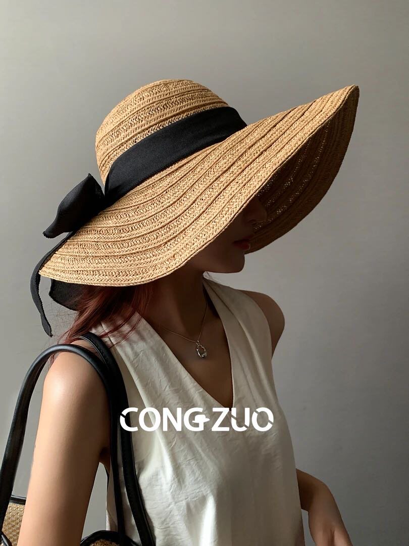 设计师款草编草帽女加大帽檐蝴蝶结夏季度假防晒遮阳折叠好看帽子