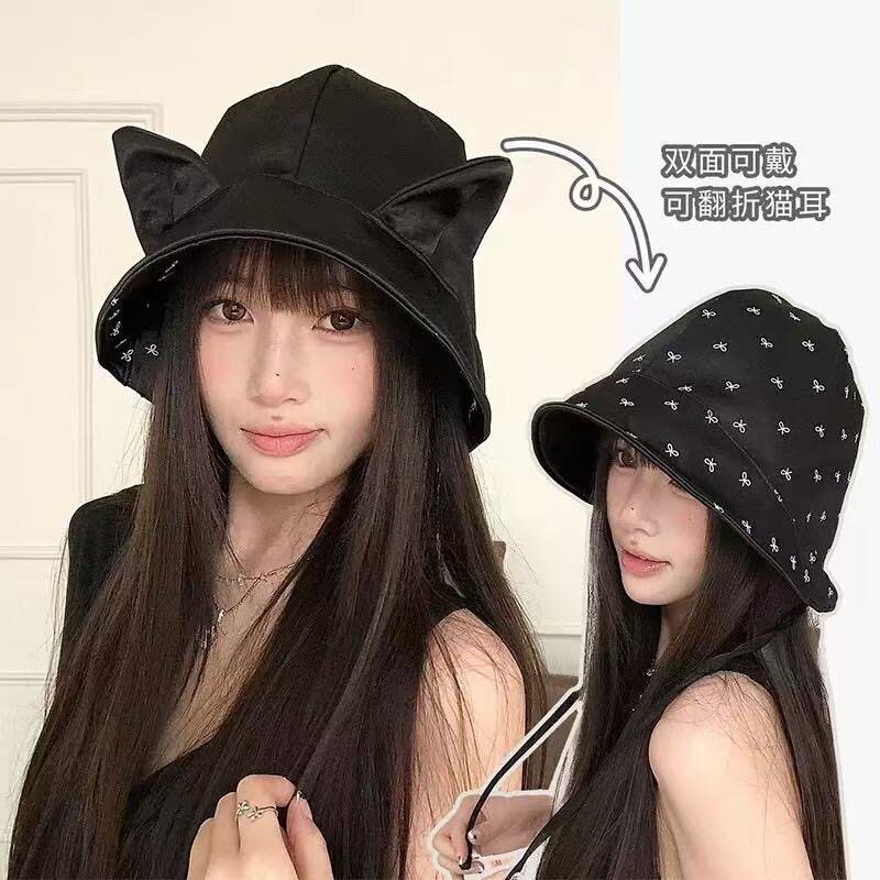 百搭双面可戴盆帽耳渔夫帽子显嫩斜阳显脸小猫遮脸防晒帽
