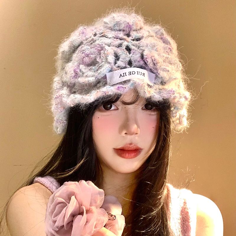 手工钩花镂空针织包头帽女薄款透气花朵毛线帽小众套头帽子