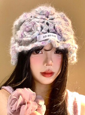 手工钩花镂空针织包头帽女薄款透气花朵毛线帽小众套头帽子