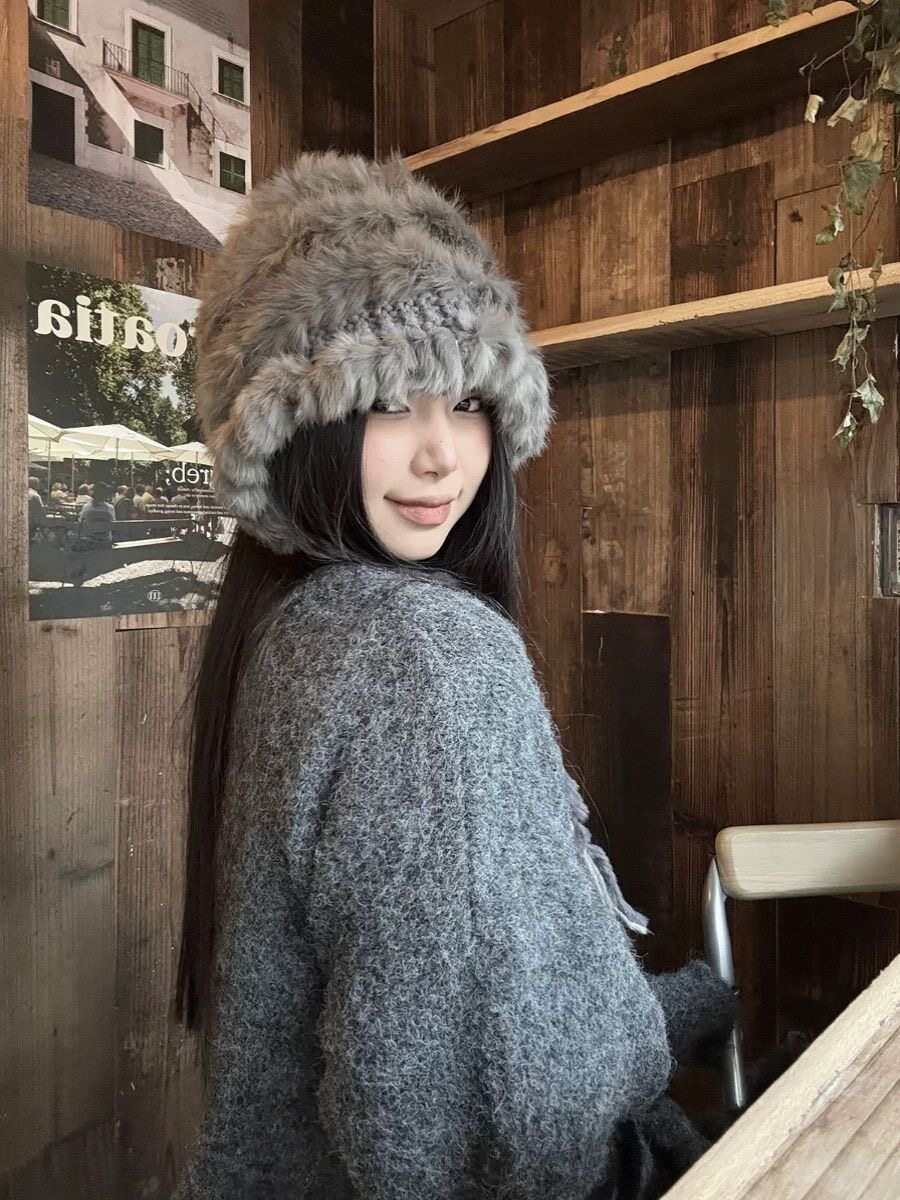 -3 POINT%-毛绒兔毛编制女2024新款秋冬兔毛加厚保暖防寒毛线帽