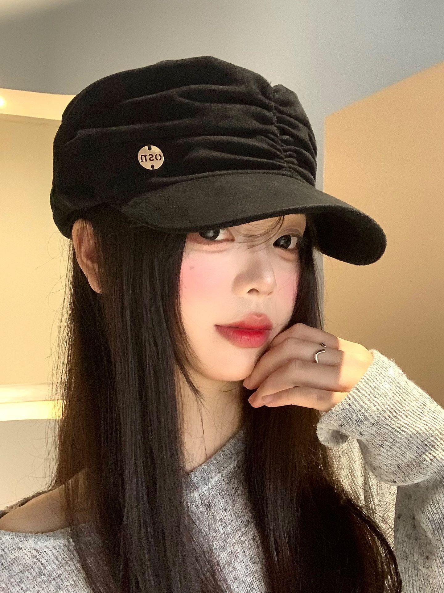 -3 POINT%-女士文艺帽子百搭新款春秋季全棉时尚褶皱鸭舌帽女时装