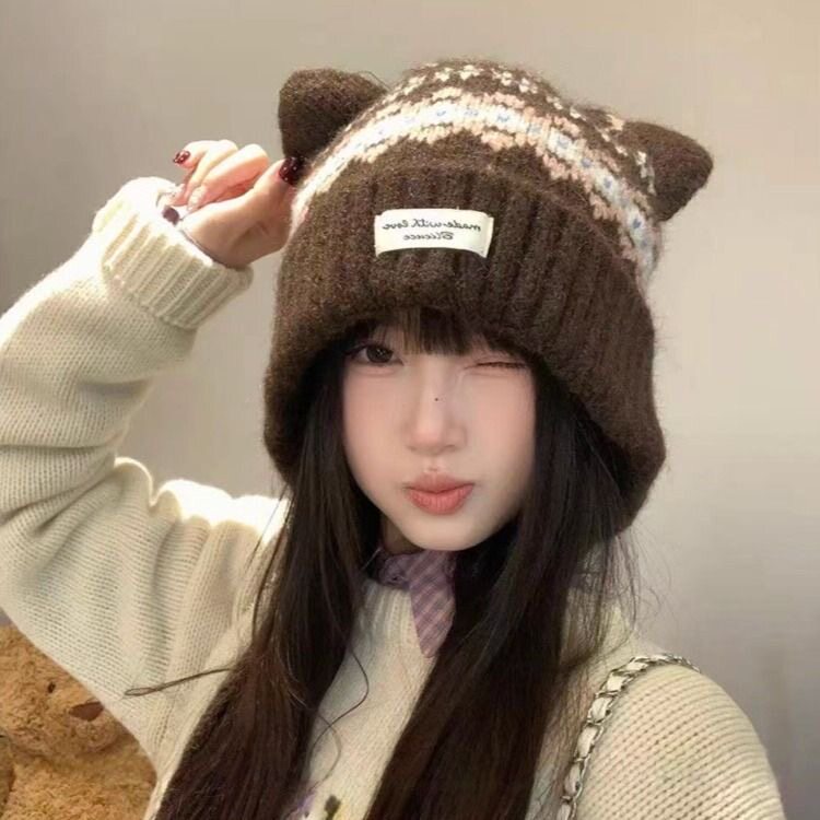 可爱猫耳朵费尔岛风毛线帽女款冬季加绒保暖包头帽显脸小针织帽子