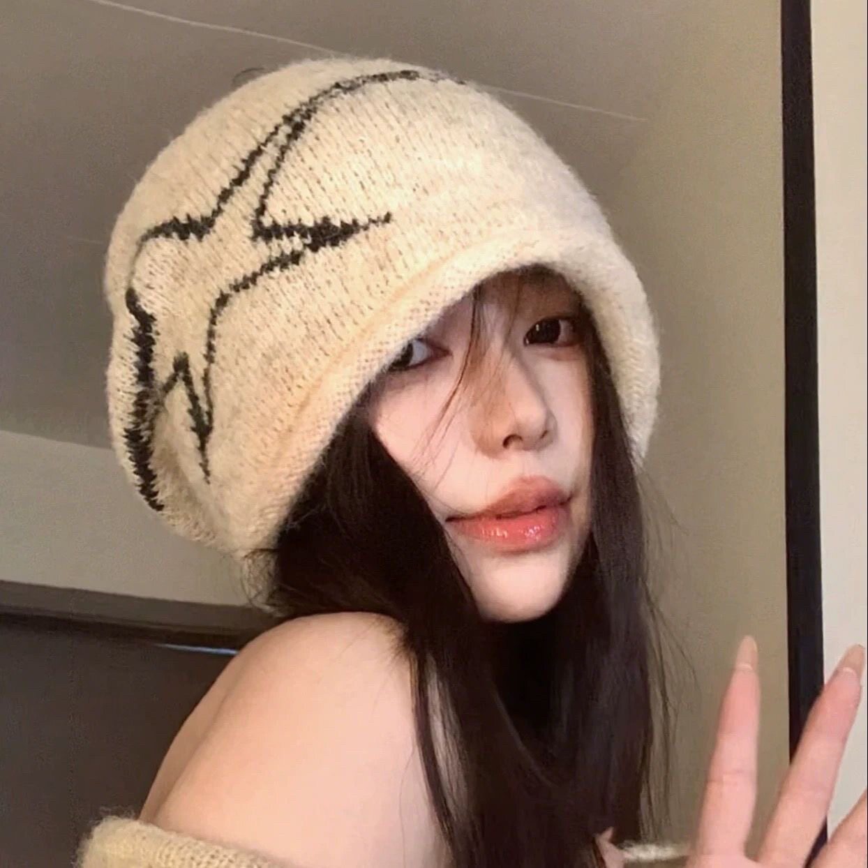 含羊毛美式复古五角星套头针织帽女秋冬韩版街头