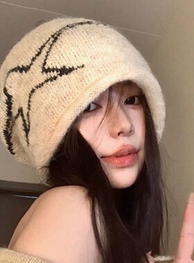 含羊毛美式复古五角星套头针织帽女秋冬韩版街头