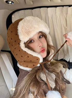 冬季新款星星雷锋帽子女时尚百搭加绒加厚保暖防寒防风护耳帽子男