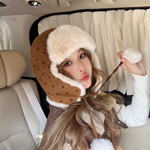 冬季新款星星雷锋帽子女时尚百搭加绒加厚保暖防寒防风护耳帽子男