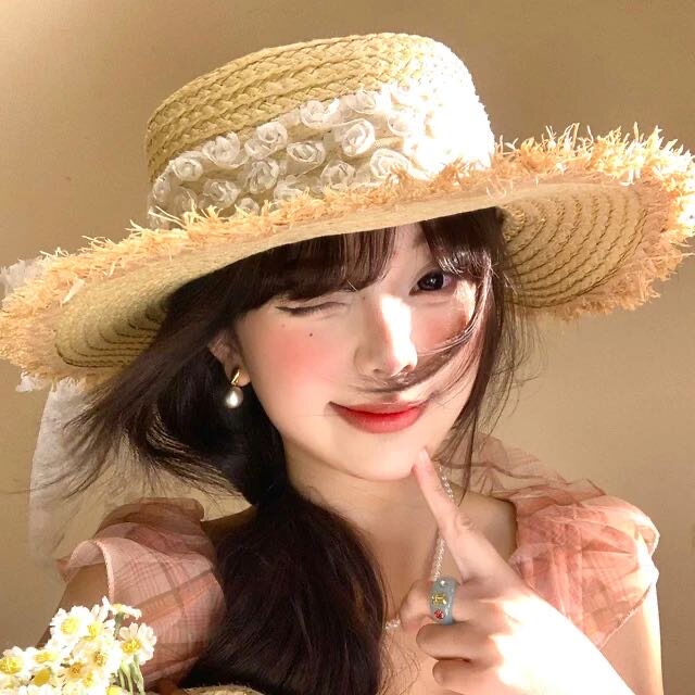 蕾丝蝴蝶结毛边平顶草帽女夏季海边沙滩度假礼帽遮阳防