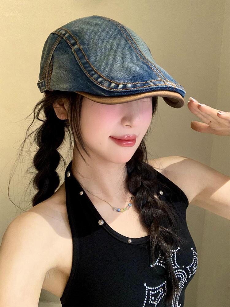 -3 POINT%-日系水洗做旧牛仔前进帽女春秋季复古贝雷帽显脸小帽子
