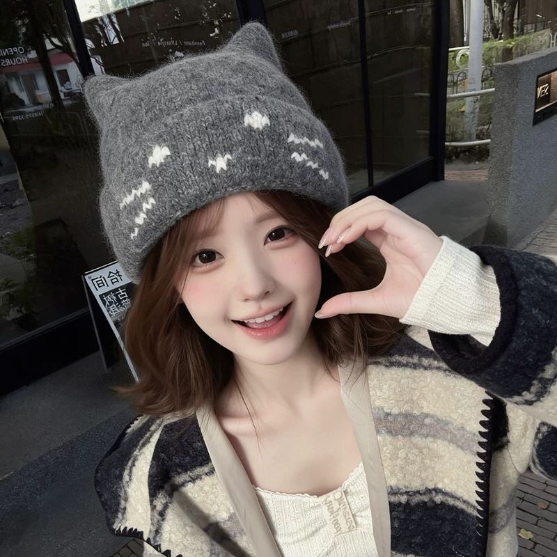 大头围毛线帽显脸小包头帽秋天帽子女洋气美式护耳针织帽黑色冷帽