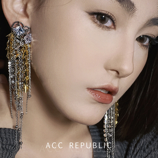 个性 流苏耳环镶皓石时尚 轻奢耳饰女 金色烟花麦穗长款 accrepublic