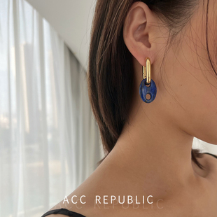 ACCREPUBLIC 几何线条高级感小众耳环轻奢天然水晶椭圆耳饰耳扣