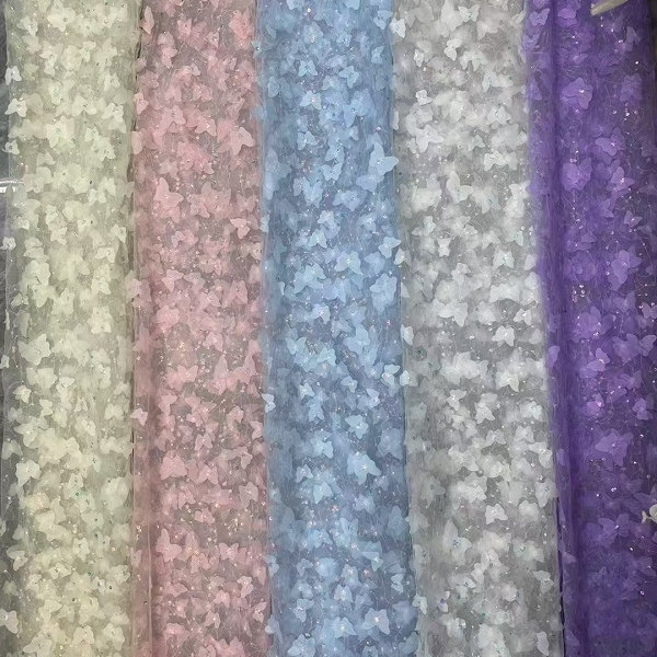厂家直销 重工网纱珠片绣蕾丝花边布料 色织刺绣 激光珠片蝴蝶绣