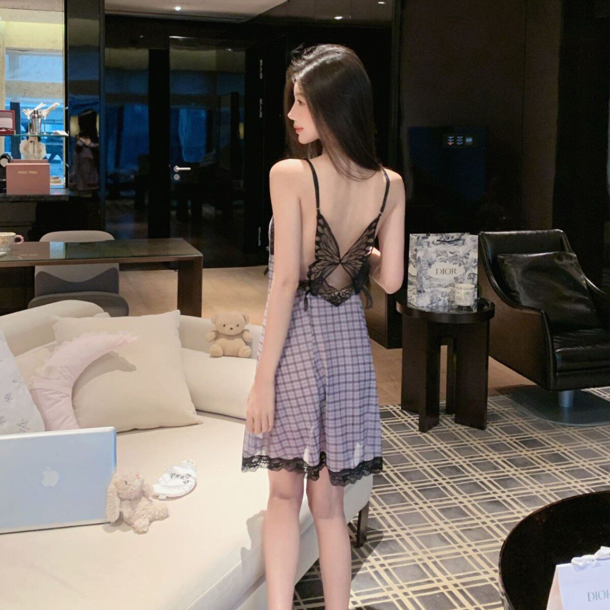 高级感网纱个格子蝴蝶结吊带睡裙