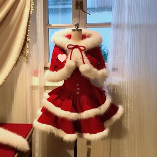 公主风两件套圣诞蓬蓬裙法式千金连衣裙冬装红丝绒蛋糕氛围感套装