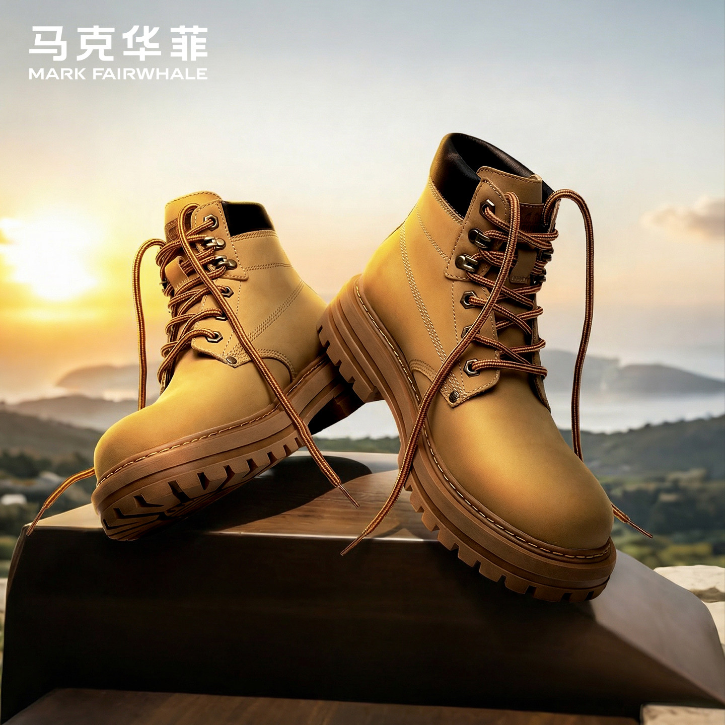 马克华菲马丁靴男春季英伦复古大黄靴真皮工装靴厚底耐磨靴子男款