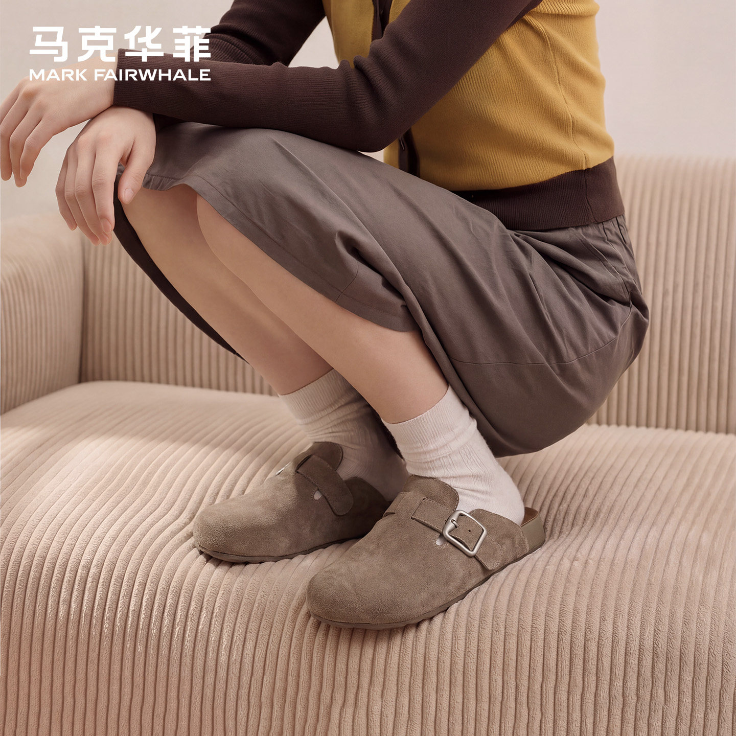 马克华菲软木鞋女鞋2026新款一脚蹬懒人鞋真皮勃肯鞋女半拖包头鞋