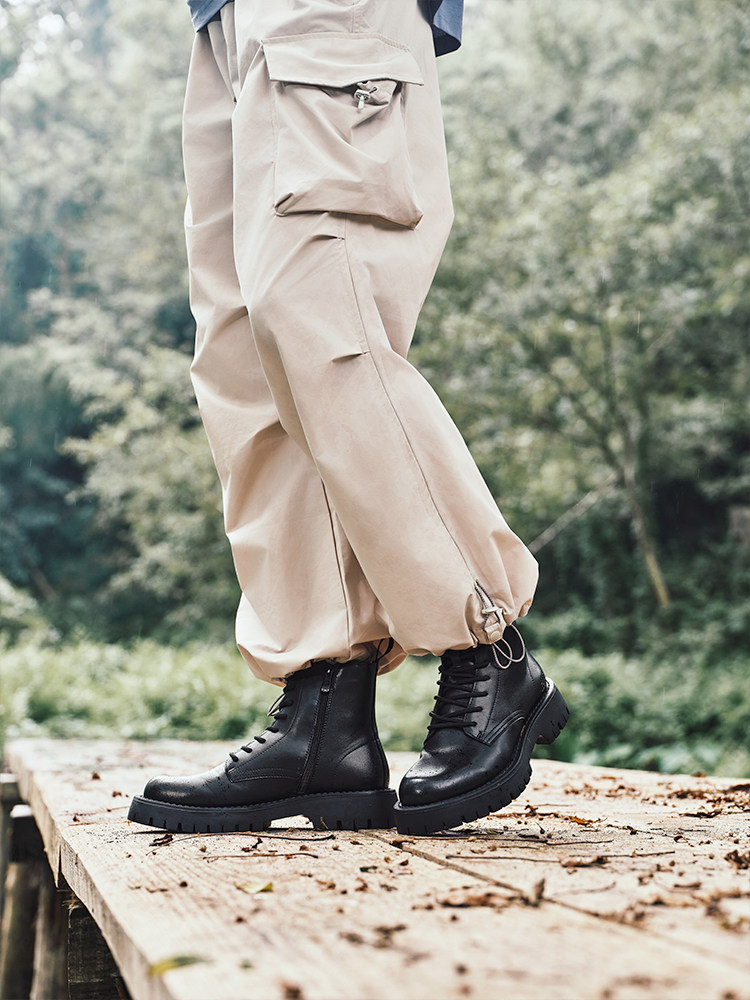 MARK WARFIELD MARTIN BOOTS MENS AUTUMN MENS BOOTS THICK-SOLED WEARABLE MENS CARGO BOOTS BLACK ENGLISH LEATHER BOOTS MEN