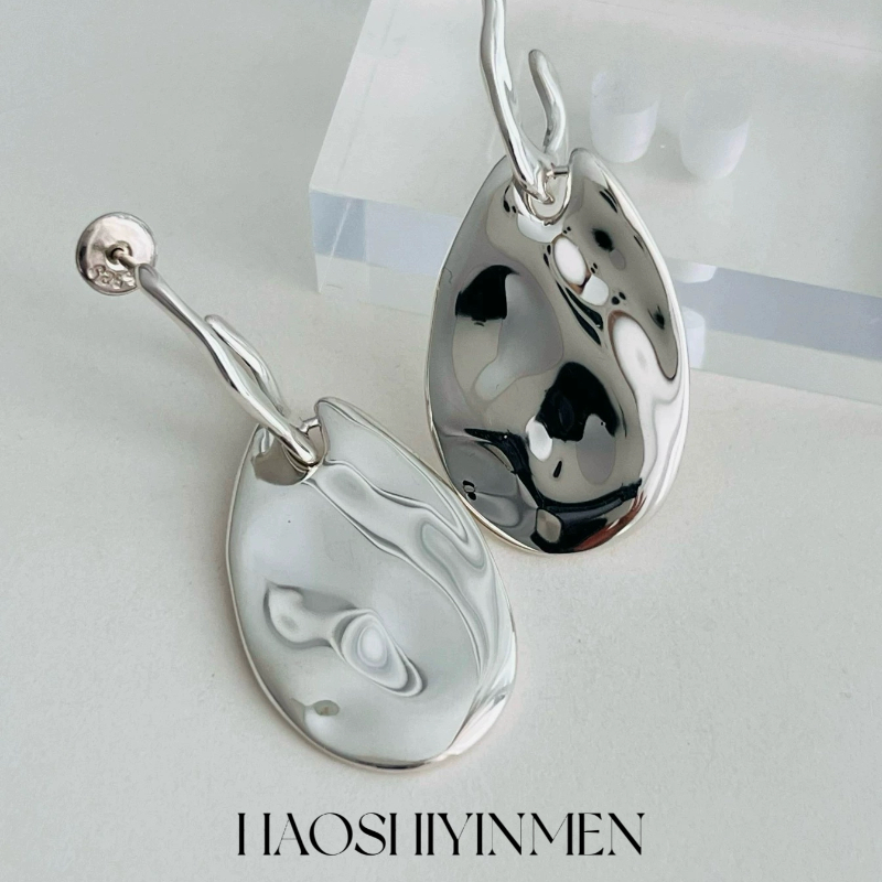 高定设计师S925纯银镀铑金不规则凹凸面耳钉简约气质百搭个性耳饰