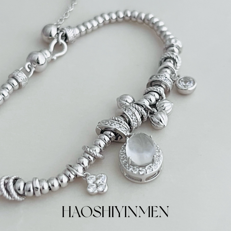 设计师S925纯银镀铑金盘缠手链龙心同款水沫玉四叶草高级百搭手链