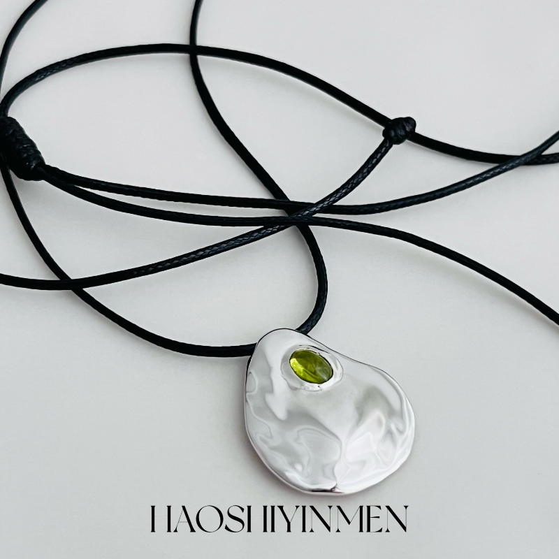 设计师款S925通体纯银镀铑金天然葡萄石银饼蜡绳抽拉毛衣链