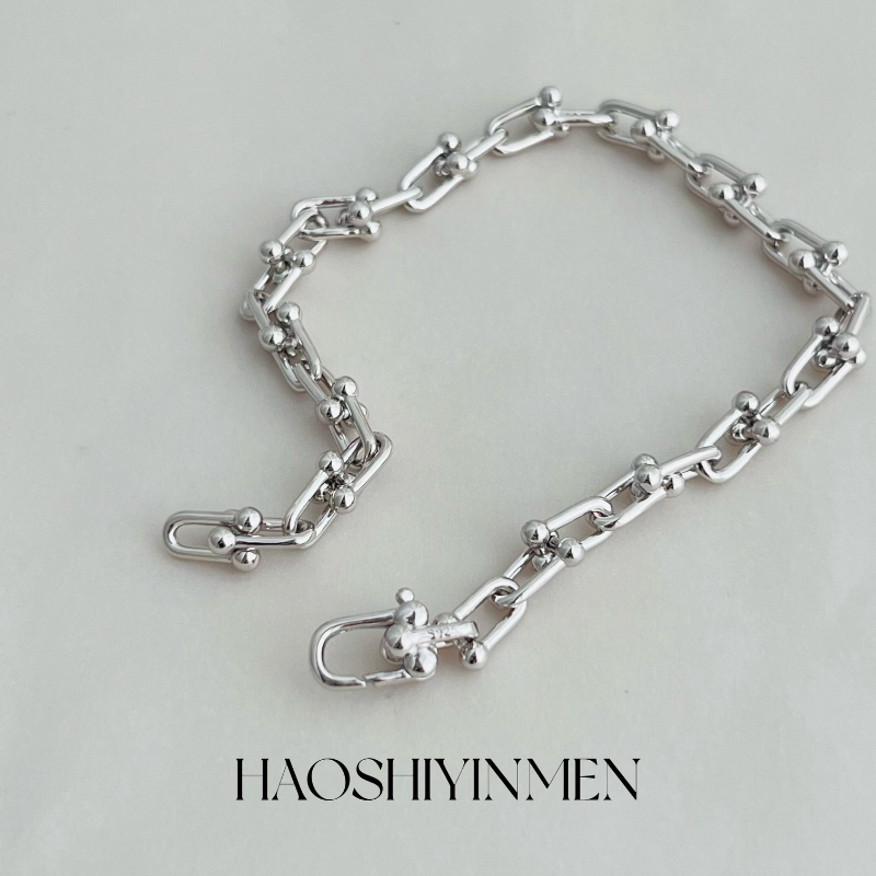 设计师通体S925纯银镀铑金马蹄扣手链小众高级时尚百搭手链