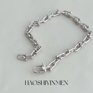 设计师通体S925纯银镀铑金马蹄扣手链小众高级时尚百搭手链