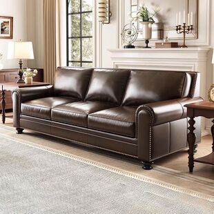 森华派美式复古真皮沙发客厅小户型中古直排美式大巴顿沙发油蜡皮