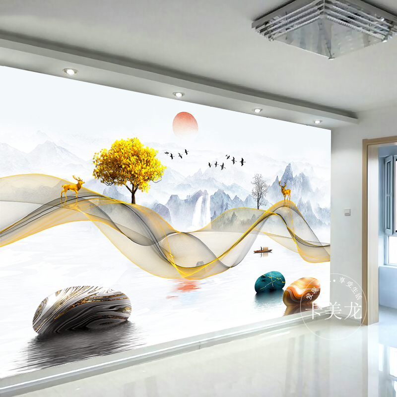 电视背景墙壁纸8d客厅壁画5d墙纸3d墙布新中式石头鹿山水画影视墙
