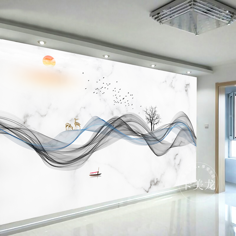 电视背景墙壁纸8d客厅壁画5d墙纸3d墙布新中式灰色线纹鹿影视墙