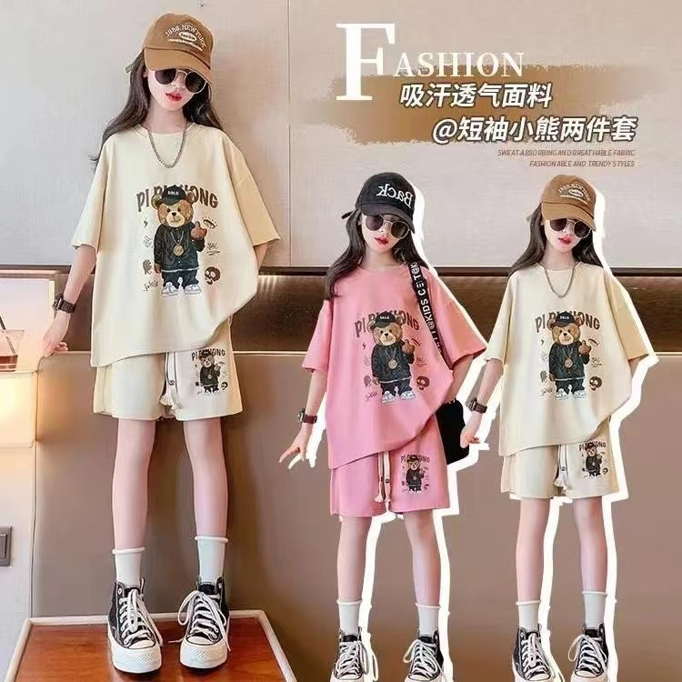 女童夏装短袖T恤套装2025新款大童洋气卡通上衣五分裤运动两件套