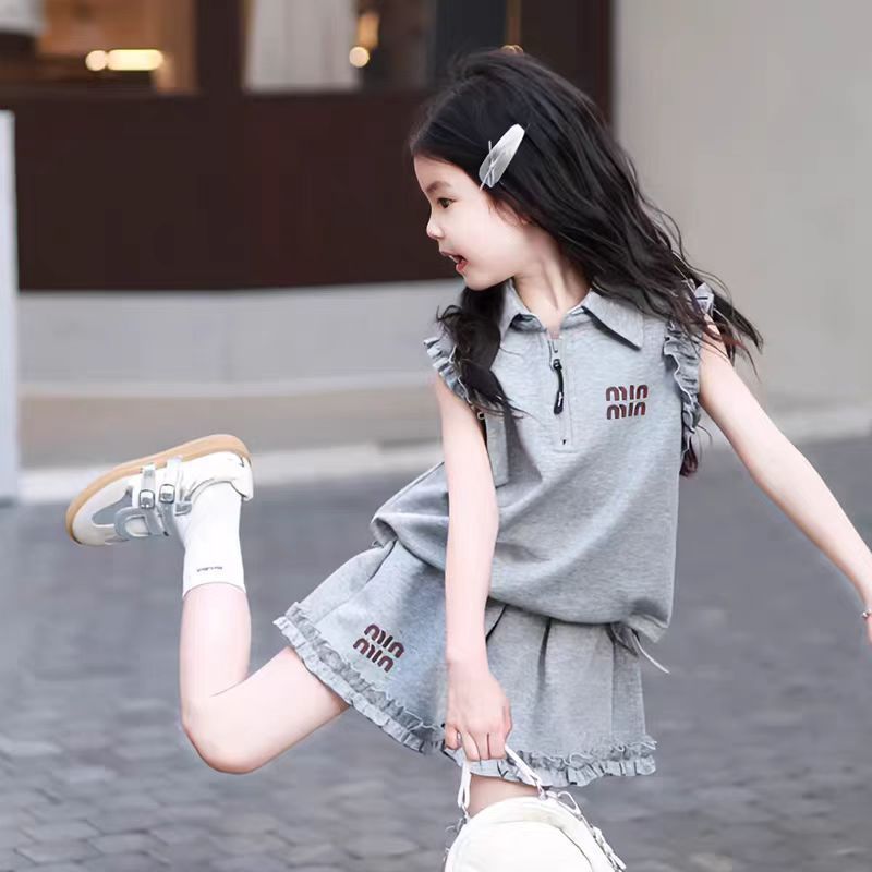 女童韩版时尚套装中大童夏季新款洋气字母无袖时髦短裤花边两件套图片